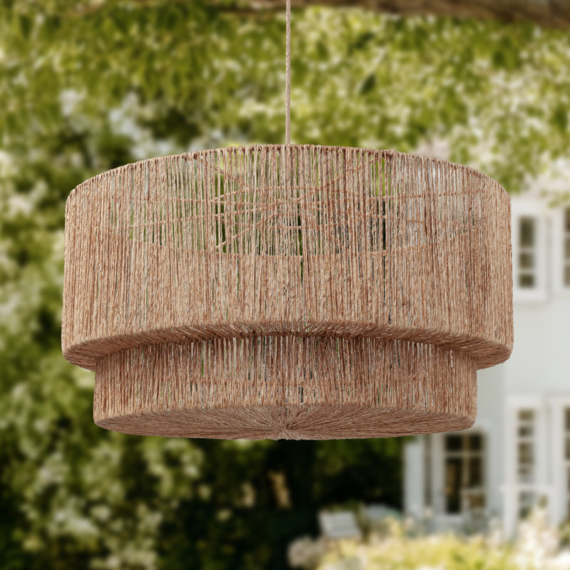 Luminous Outdoor Rattan Pendant Light - Large Natural Resin Drum 1-Light Handwoven Adjustable Outdoor Hanging Light For Covered Patio, Entryway In Coastal, Beachy & Seaside Style