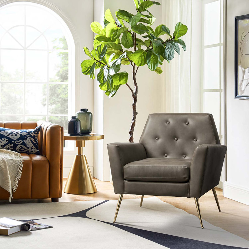 Johan Faux Leather Armchair With Metal Legs and Tufted Back, Gray