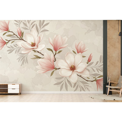Elegant Magnolia Tree Wall Mural – Hand-Painted Watercolor Blossoms In Blush Pink & White | Romantic Floral Wallpaper  (Non-Woven) 