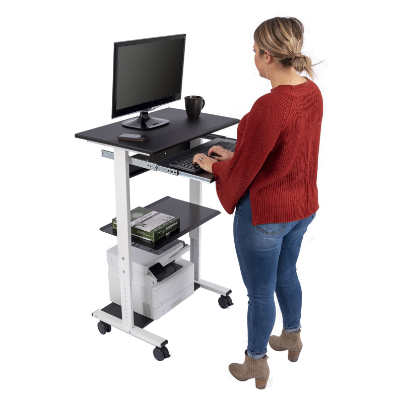 White Adjustable Height Standing Desk with Keyboard Tray and Printer Shelf