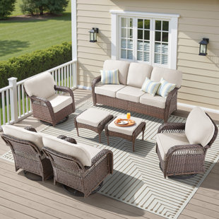 7-Piece Outdoor Patio Furniture Set – PE Wicker Sofa, 2 Swivel Rocker Chairs, 2 Armchairs, 2 Ottomans, All-Weather Conversation Set With Cushions