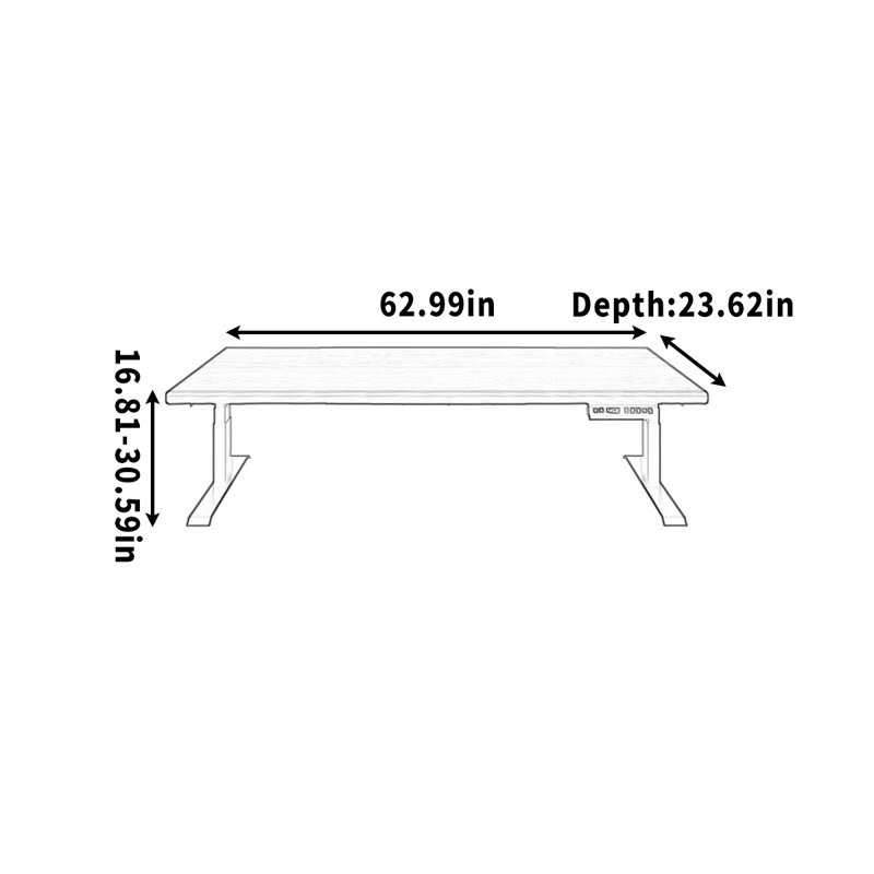 Solid wood height-adjustable desk for study, 30.59" H x 62.99" W x 23.62" D