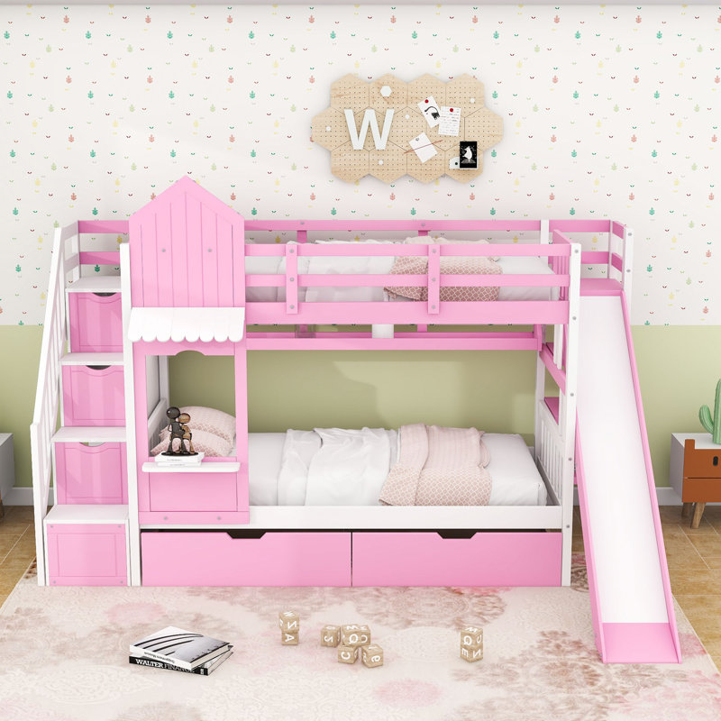 2 Drawers Bunk Bed with Storage Stairs, Slide and Shelves, Twin over Twin, Pink
