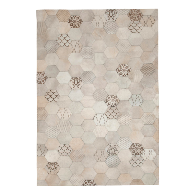 Tapis gris/crème en peau de vache atome, Rectangulaire 2 pi x 3 pi