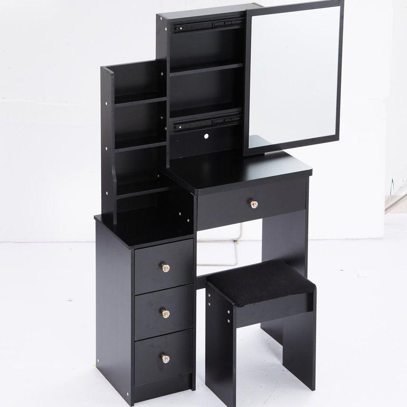 Black Vanity For Small Rooms With Cushioned Stool, Large Sliding Mirror, Multi-Layered Storage Options Dresser Stool And Extra Compact Areas, Material