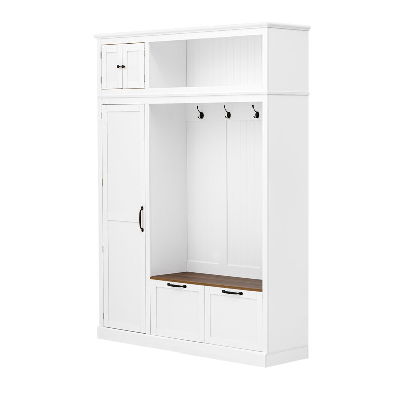 3-in-1 Hall Tree with Overhead Storage Cabinet, 3 Adjustable Side Shelves, 4 Heavy-Duty Hooks, 2 Spacious Drawers, Grooved Back Panel Design, Contrasting Seat Bench, Multifunctional Entryway Organizer