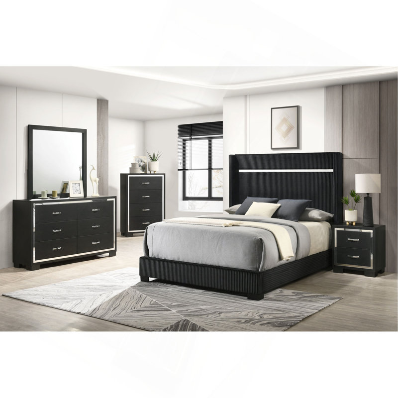 Mobilier de chambre à coucher moderne en bois noir élégant avec commode et commode 1 pièce Glam