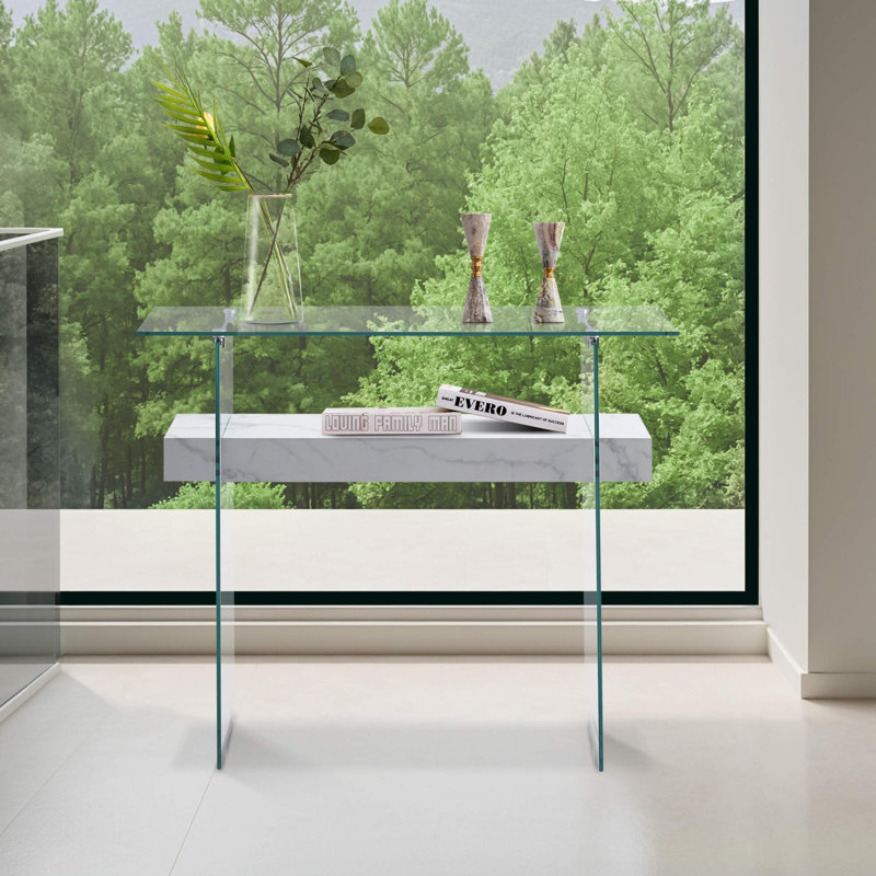 Console en verre trempé avec tablette, Marbre blanc, H 31,5 po x l 31,5 po x P 13,8 po