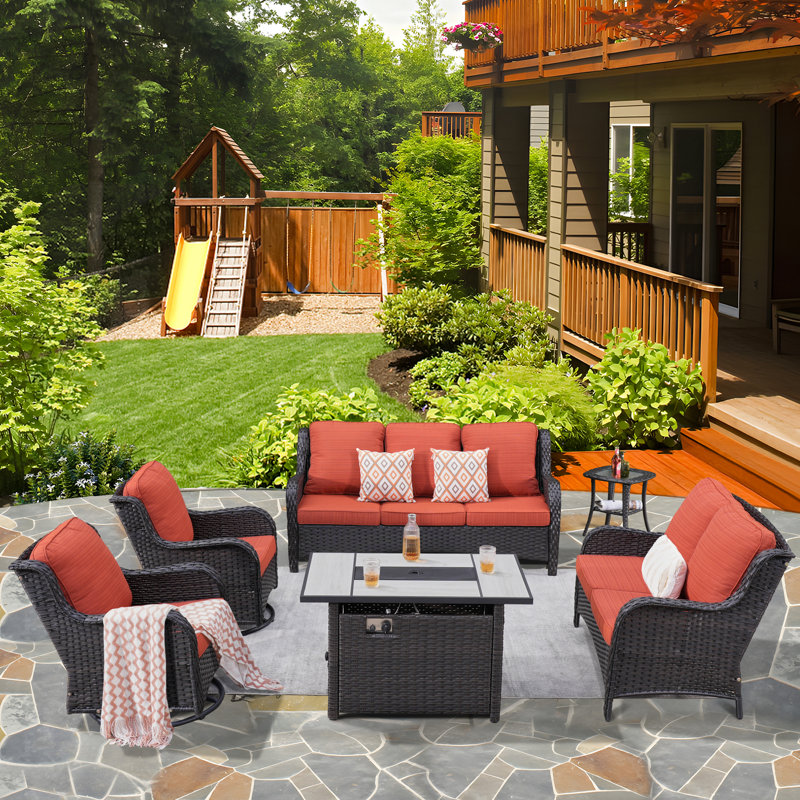 7-Person Outdoor High Back Seating Group With Cushions,Swivel Rockers And Fire Pit,All-Weather Wicker Patio Set, Orange Red