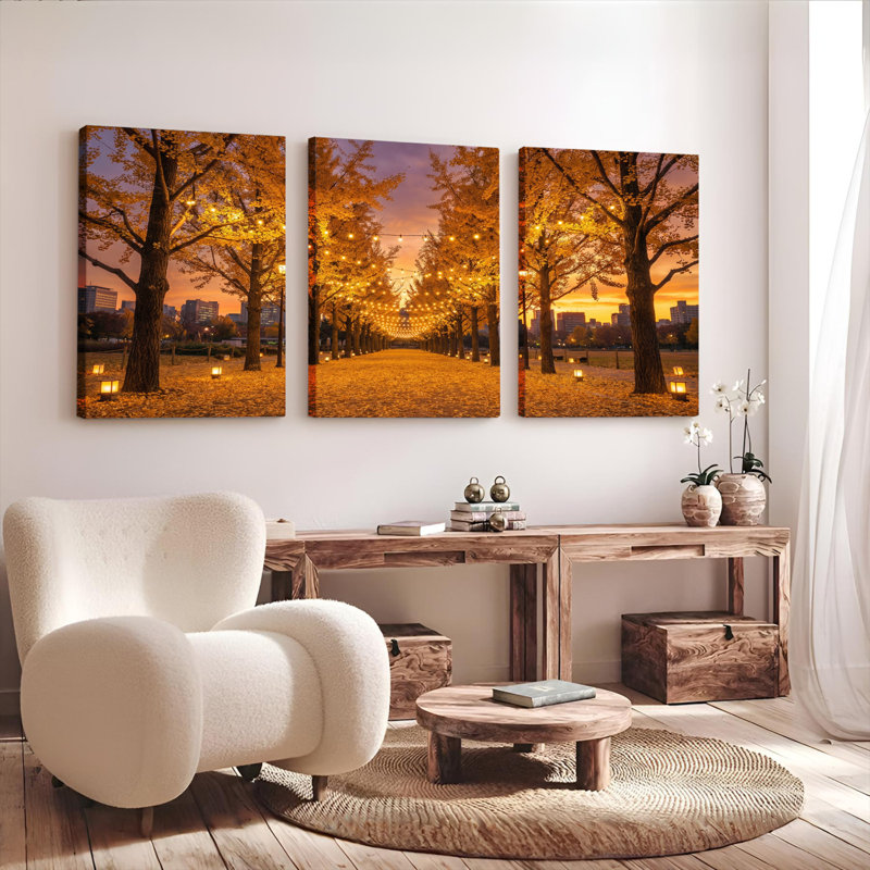 «Autumn Tree Pathway With City Skyline», reproduction d'art sur toile tendue sur toile, ensemble de 3, 1218