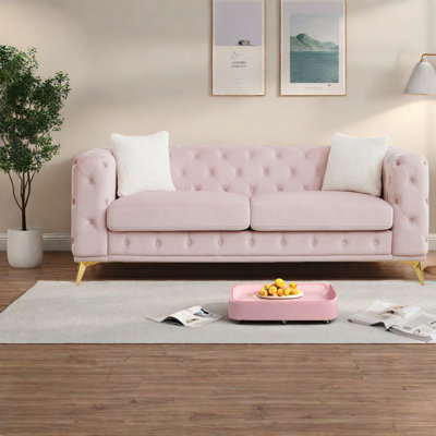 Compression Sofas, 82.5 Inch Pink Velvet Chesterfield Modern Home Couch