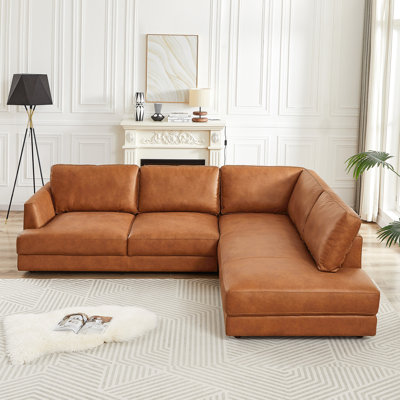  Byrle Mid Century Modern Genuine Leather Cozy Sectional Sofa