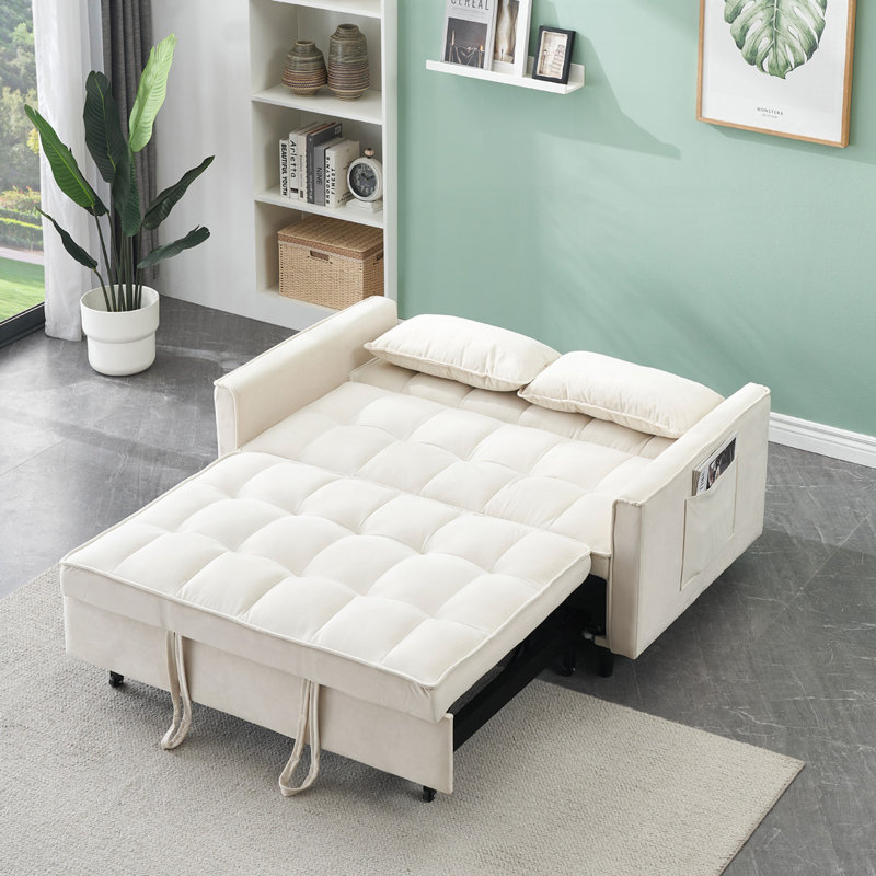 Corduroy Upholstered Convertible Sleeper Sofa, Beige Velvet
