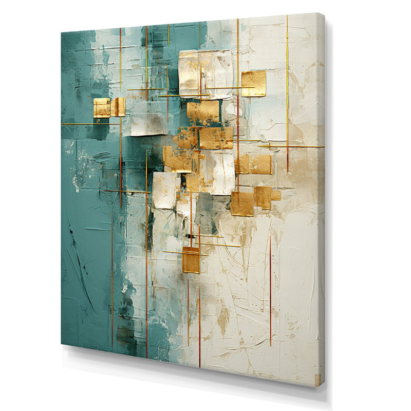«California Sunshine Retro Abstract Gold Teal», reproduction d'art sur toile, H 40 po x l 30 po x P 1,5 po, Toile tendue