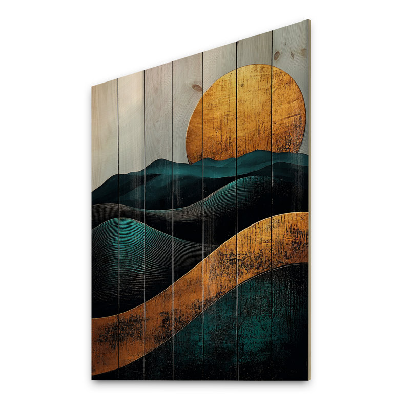 Lever de soleil sur les montagnes émeraude dorées Horizon III - Paysage mural en bois, H 20 po x l 10 po x P 0,78 po