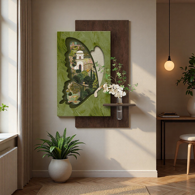 Pot à fleurs Mid-Century moderne en grès papillon, H 47,24 po x l 31,5 po x P 1,57 po, Brun / vert / beige