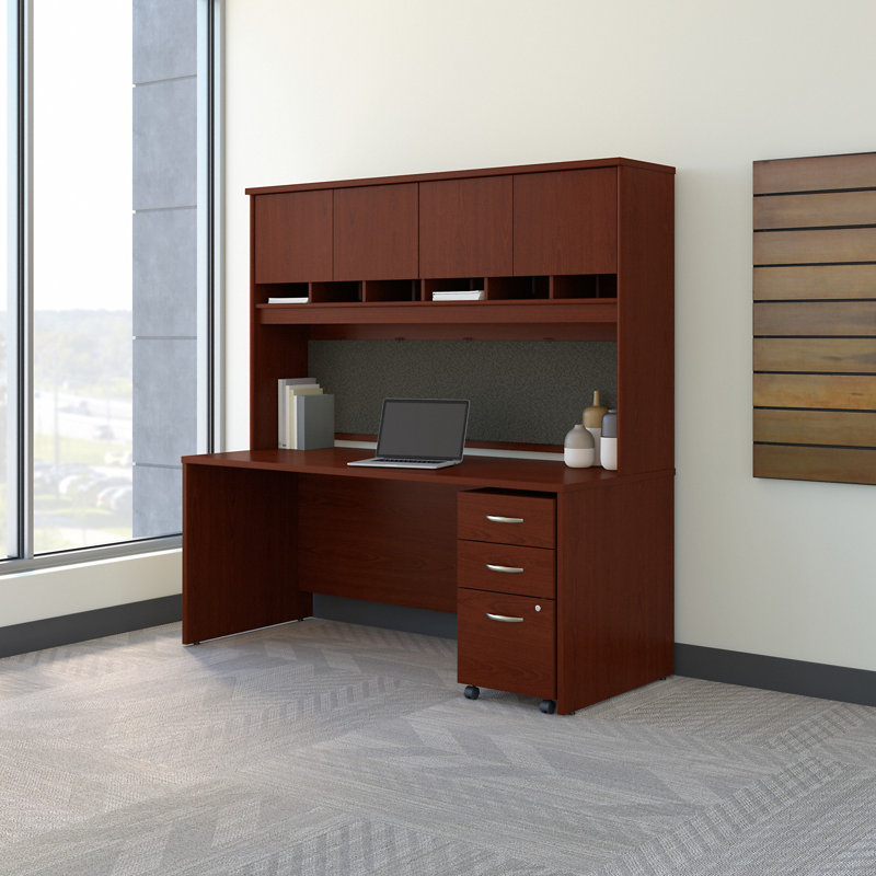 Series C 72W x 30D Office Desk with Hutch and Mobile File Cabinet, Mahogany