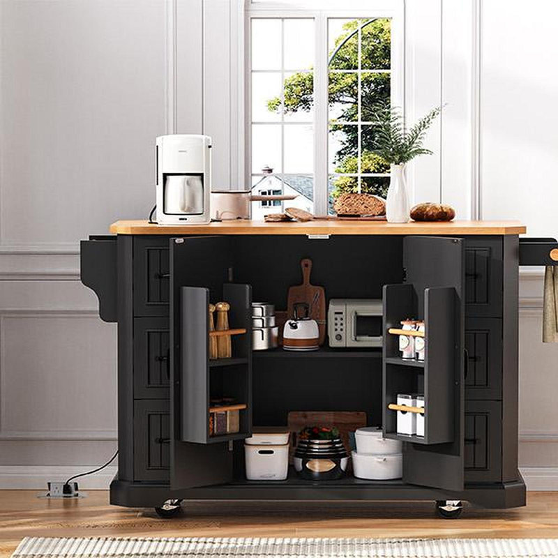 56 Inch Kitchen Island With Rubber Wood Veneer Drop Leaf, Power Outlet, 4 Door Shelves, Embossed Vertical Stripe Rolling Kitchen Cart On 4 Wheels With 6 Deep Drawers For Kitchen, Dining Room,Black
