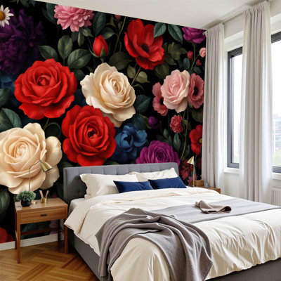 Peel and Stick Wallpaper Vibrant Floral Red Pink Purple Cream Flowers Black Wall Murals 100"H x 144"W Removable PVC Wall Paper Self-Adhesive Wall Decor for Bedroom Living Room Home Office