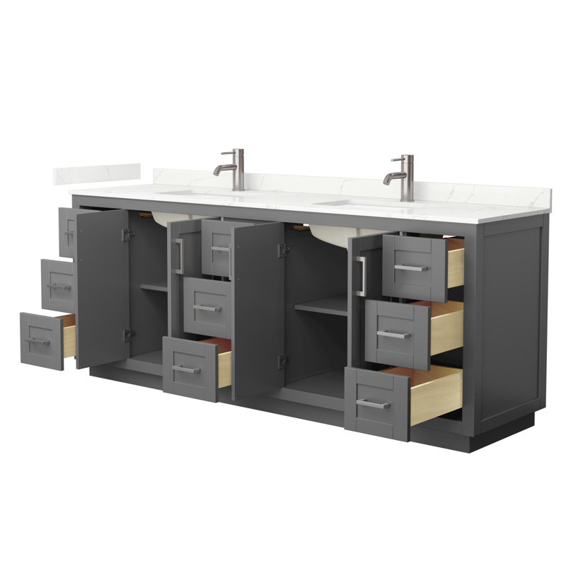 Miranda 84" Freestanding Double Bathroom Vanity with Quartz Top, Giotto Quartz, Dark Gray, Brushed Nickel
