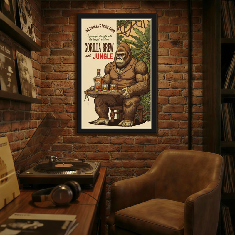 Fashion Gorilla tenant un verre dans un décor de jungle, H 24 po x l 16 po
