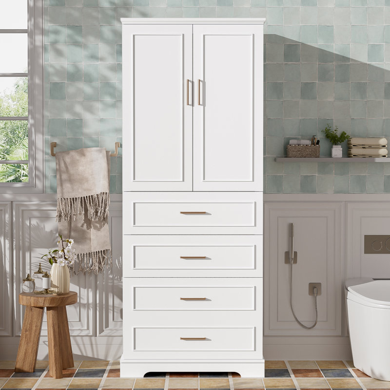 Armoire de salle de bain autoportante avec tiroirs, tablette réglable, portes à fermeture en douceur, Blanc