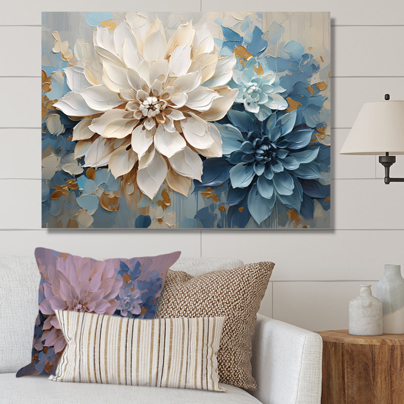 Dahlia blanc et bleu minimaliste, Toile tendue, H 30 po x l 40 po x P 1,5 po