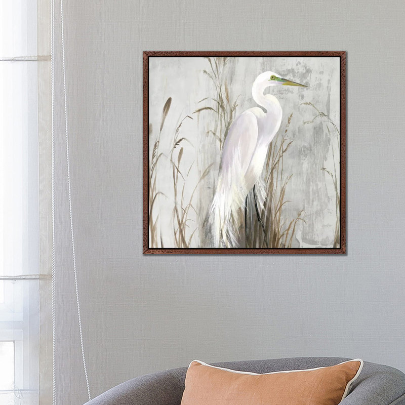 Heron In The Reeds by Aimee Wilson - Painting on Canvas, 66.04 cm H x 66.04 cm W, Classic Brown Wood Framed