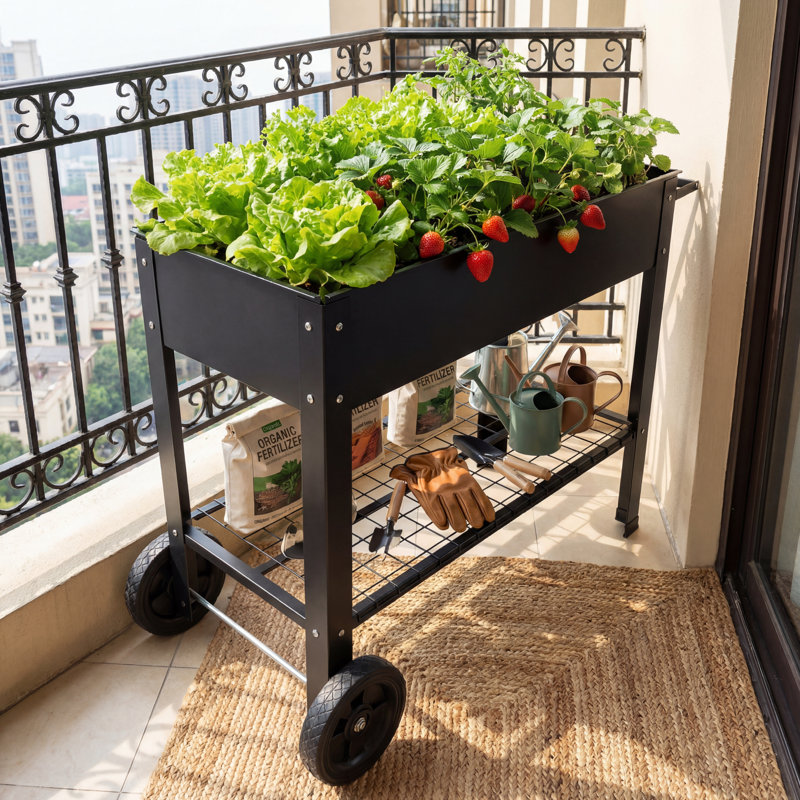 Mobile Metal Raised Garden Bed Cart with Wheels, Elevated Planter Box with Drainage & Storage Shelf for Outdoor/Indoor Vegetables & Herbs (Black)