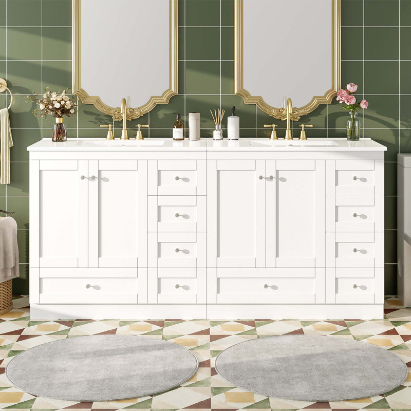 Meuble-lavabo autoportant de 72 po de style Shaker avec lavabo en céramique, tiroirs à fermeture en douceur et portes à fermeture en douceur