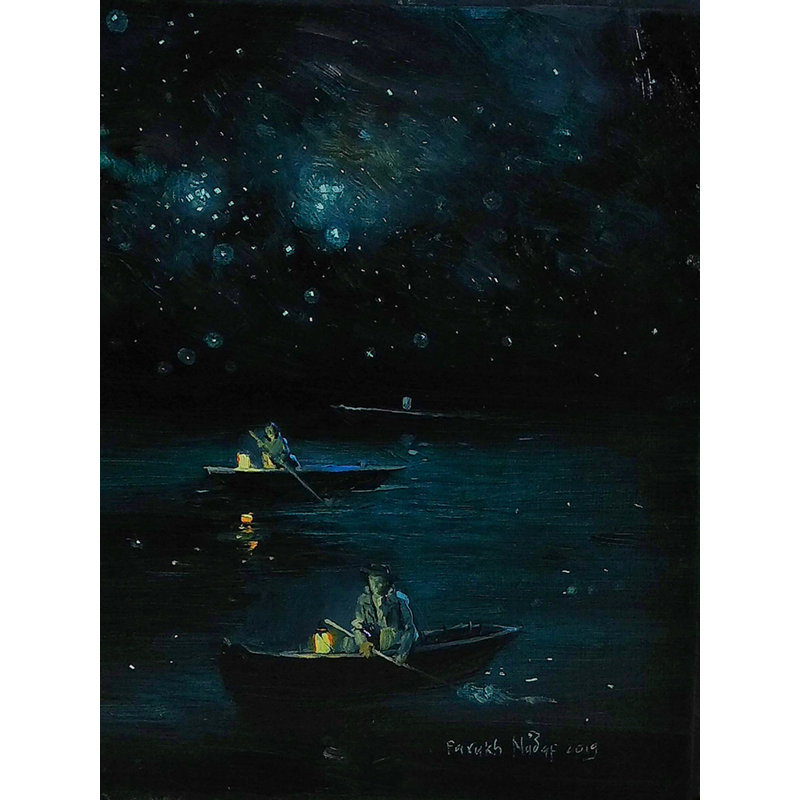 Balade en bateau la nuit dans la mer calme | Huile sur papier | Par Farukh S Nadaf