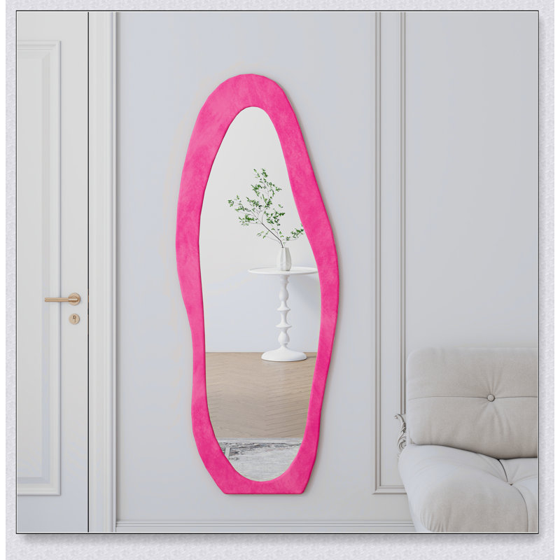 Full Length Floor Mirror With Flannel Wrapped Wooden Frame, Irregular Wavy Design For Bedrooms And Living Rooms, Pink