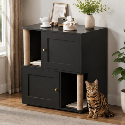 Conçu pour 2 chats, ce meuble en métal noir dissimulant un bac à litière double combine une grande armoire de toilette intérieure pour animaux de compagnie avec un griffoir et un style de table d'appoint.