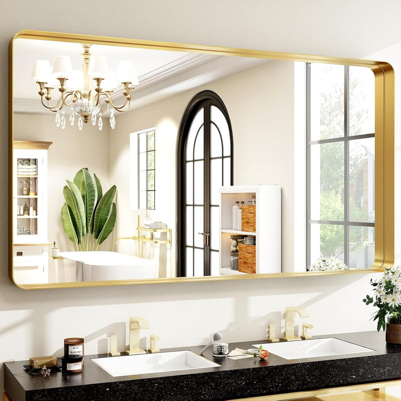 Miroir de salle de bain 48 po x 30 po doré, miroir mural incassable rectangulaire, cadre en alliage d'aluminium avec coins arrondis, horizontal ou vertical pour un décor de maison de campagne