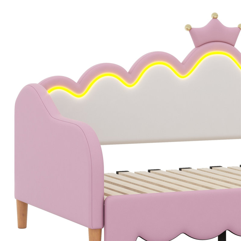 Extending Daybed With LED Lights, Modern Upholstered Daybed With Crown Headboard, Pink
