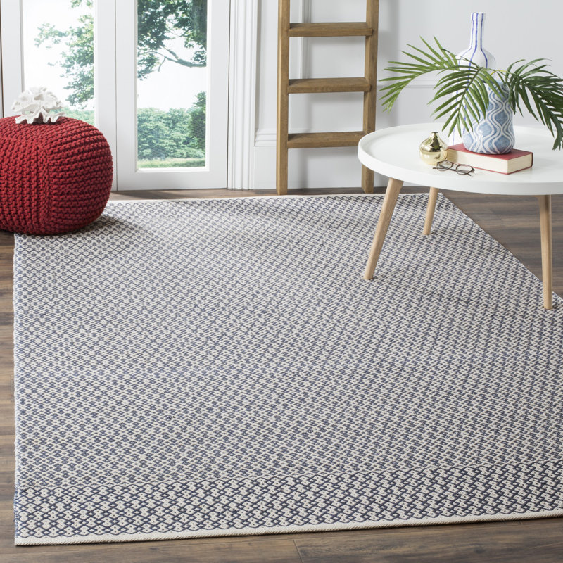 Tapis ivoire / bleu marine en coton tissé à plat à la main Bester, Rectangle 4 pi x 6 pi