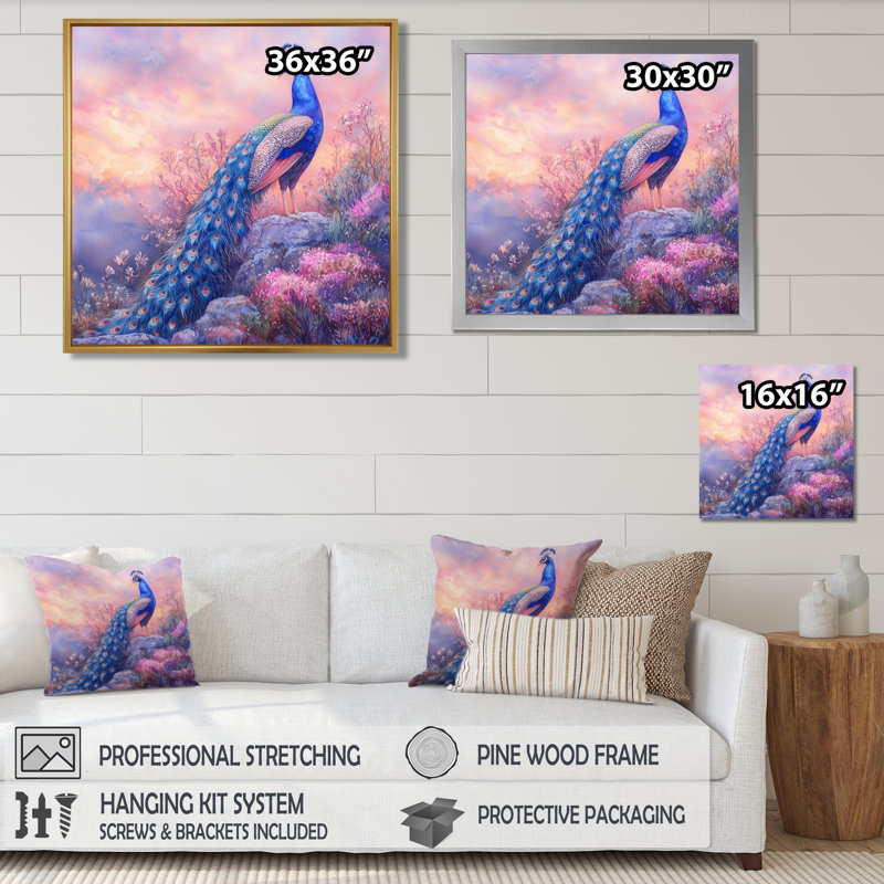 Toile rigide, paon dans un champ de lavande I - oiseau, art mural, H 30 po x l 30 po, Impression encadrée flottante, Noir