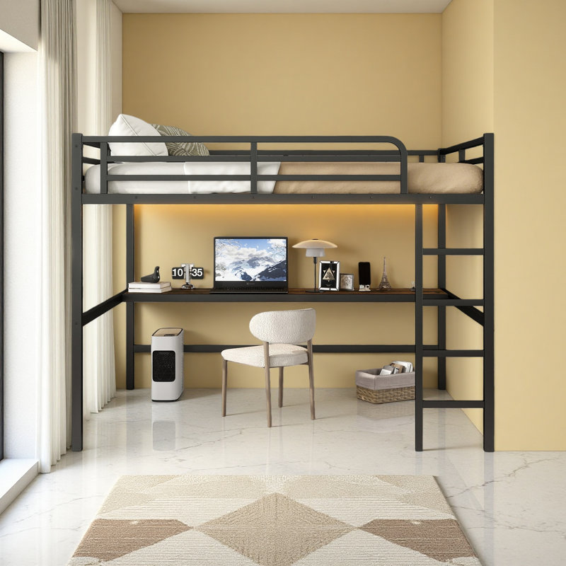 Metal Queen Size Loft Bed With Power Outlet And LED Lighted, Space-Saving, Noise Reduced