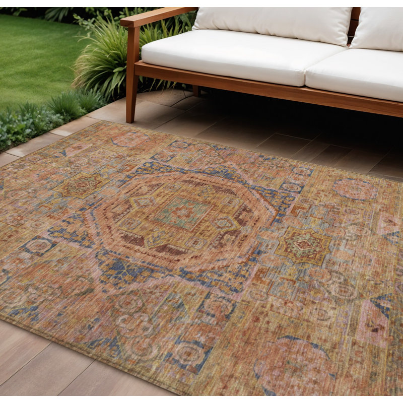 Tapis intérieur/extérieur lavable à médaillon rouille et bleu 8 pi x 10 pi