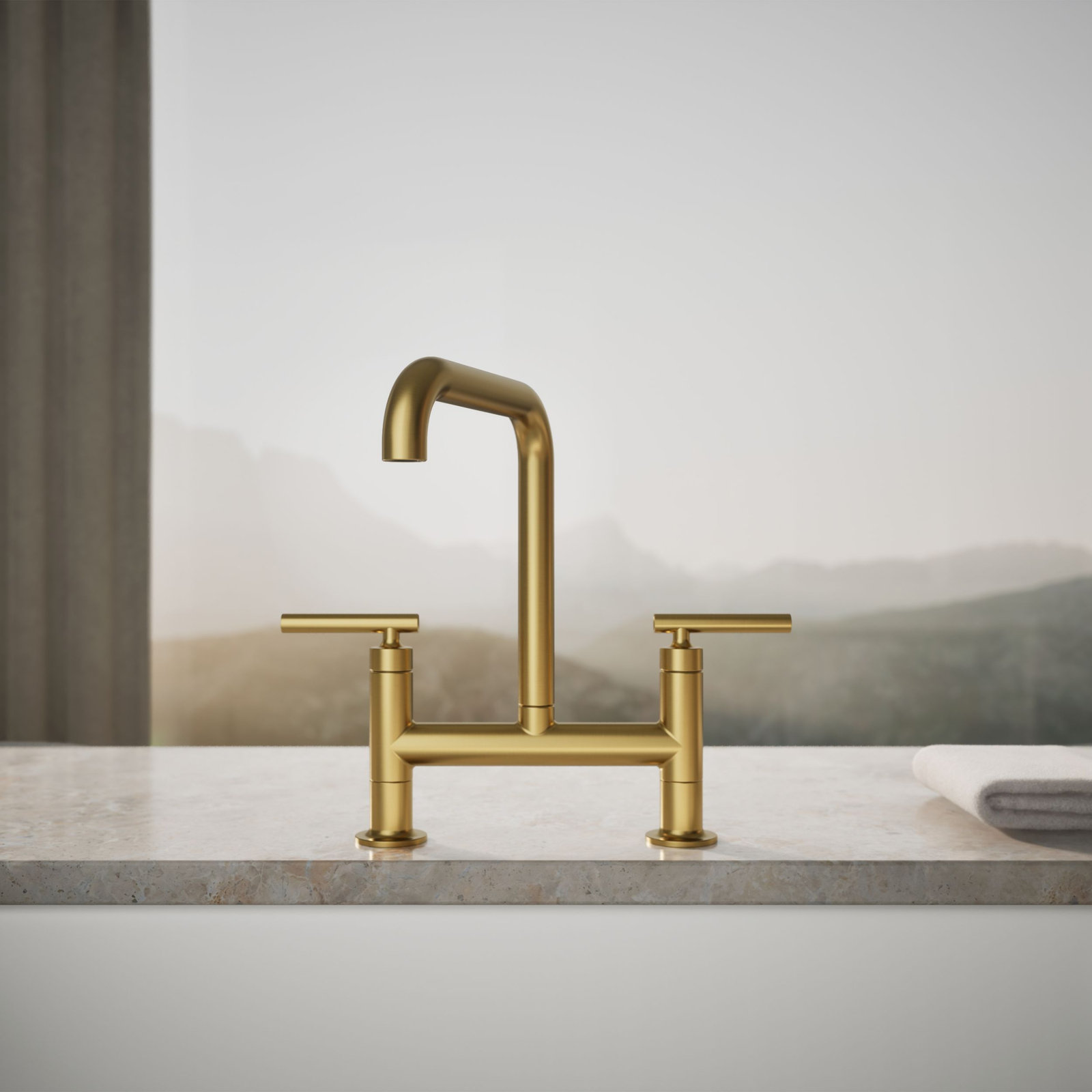 Purist Two-Hole Deck-Mount Bridge Kitchen Sink Faucet, Vibrant Brushed Moderne Brass