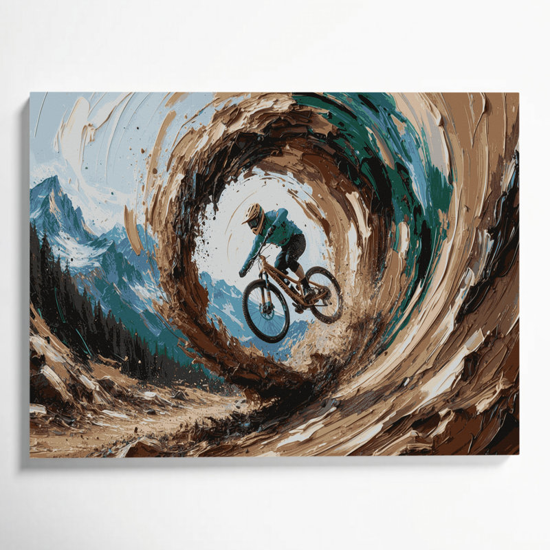 Sports, vélo de montagne sur toile brune, H 20 po x l 30 po