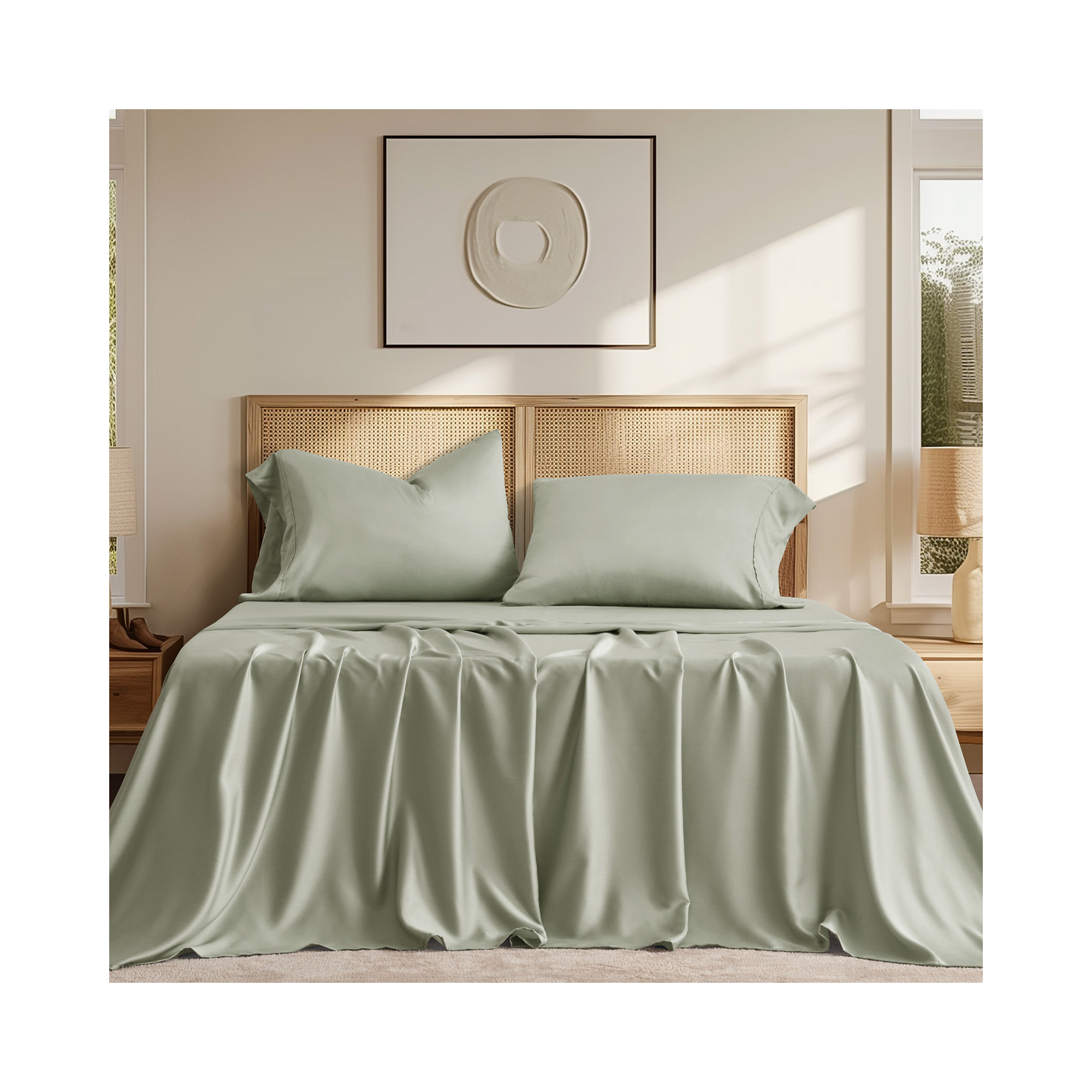 Tencel Sheet Set 4 Pieces, Sage Tea Green, Queen Sheet Set + 1 Fitted Sheet + 2  Pillowcases