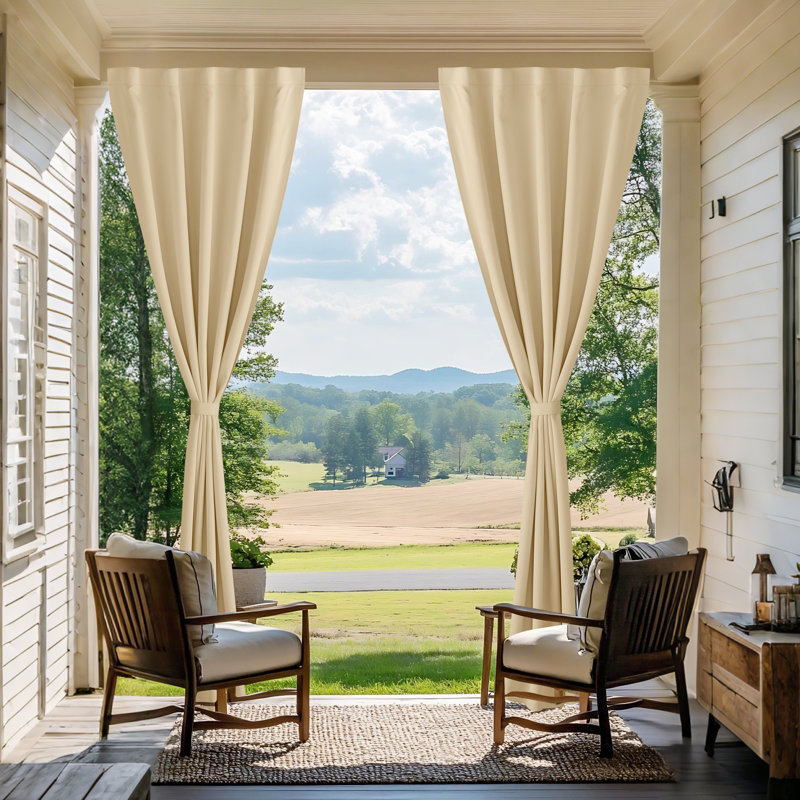  2 Panels Rod-Free Outdoor Curtains for Patio Waterproof, Sticky Top & Back Tab Bottom with Free Rope for Wind Resistance, Weatherproof Drapes for Gazebo/Porch