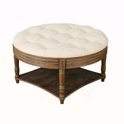 Grande table basse ronde avec repose-pieds imperméable surdimensionné à 2 niveaux avec tablette en bois et rangement en bois (beige)