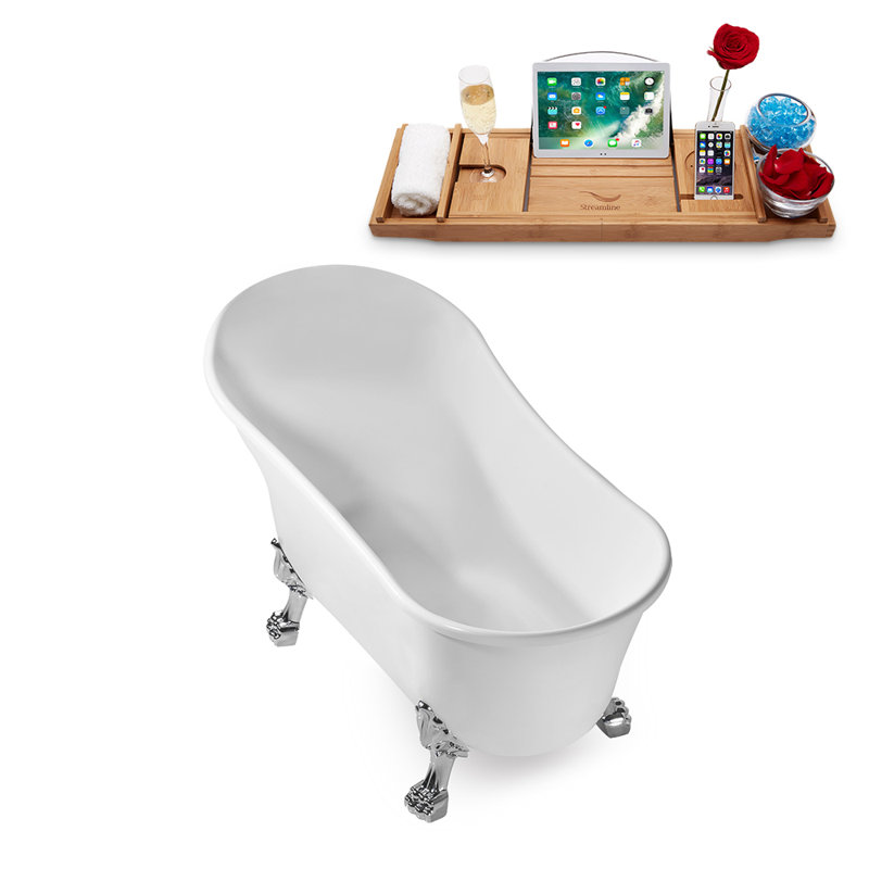 Baignoire de trempage sur pieds 59 "avec drain, pattes et plateau en bambou 59" Streamline, Chrome poli, Rose mat