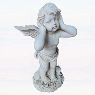 Ange ailé recouvrant ses oreilles en résine, sculpture de jardin d'extérieur, convient aux pelouses, patios et cour