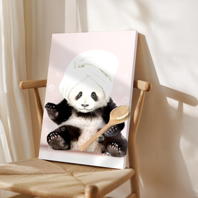 Art mural sur toile, Panda avec une serviette sur la tête, tenant un pinceau, entouré de bulles, art numérique. Décoration murale, œuvre d'art encadrée, prête à accrocher, disponible en 16 x 24, 20 x 30, 24 x 36 pouces