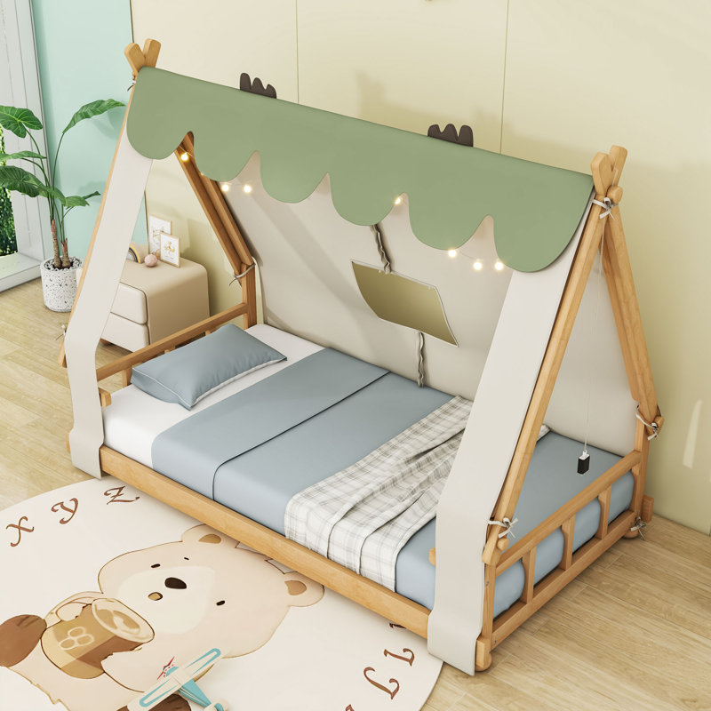 Lit en bois avec tente, lumière et lattes, Lit simple, Blanc