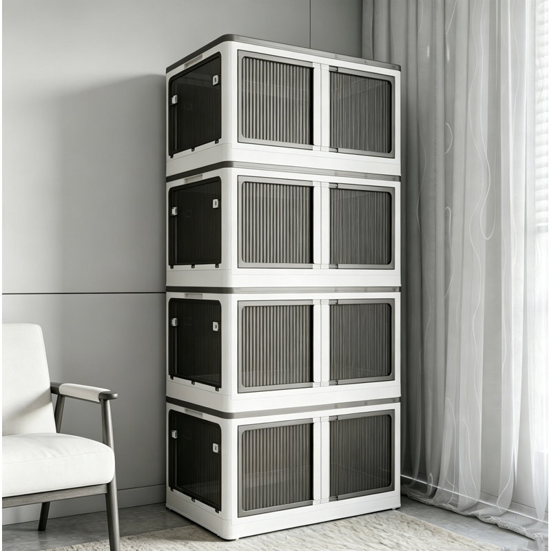 4-Pack Transparent Stackable Storage Bins with 5 Doors to Open with Wheels, Folding Plastic Craft Containers Large Closet Organizers Box