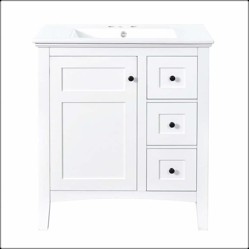 Meuble-lavabo moderne de 30 pouces avec lavabo en céramique, 3 tiroirs spacieux, structure en bois massif pour un rangement efficace et une conception élégante